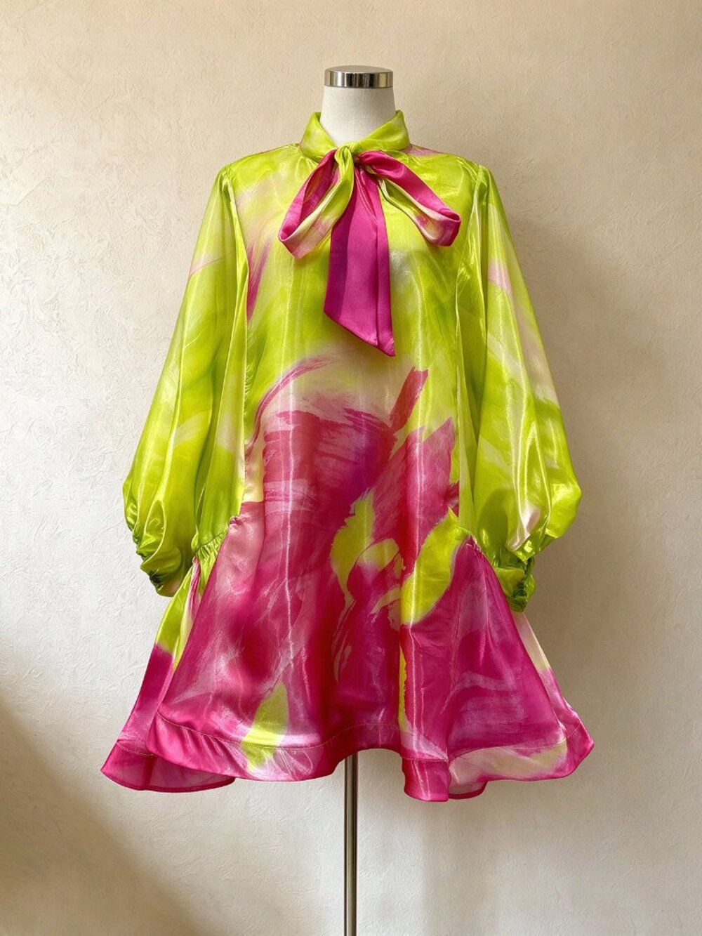 Chic Lime Green & Magenta Pink Organza Tunic Dress
